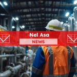 ein Ingenieur in Sicherheitsweste und Helm in einer industriellen Produktionsanlage, mit einem roten Nel ASA NEWS-Banner.