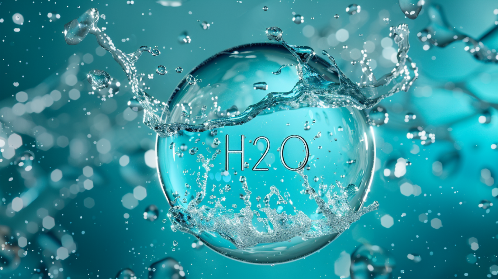 ein kreisförmiges Emblem mit der chemischen Formel H2O, umgeben von spritzendem Wasser