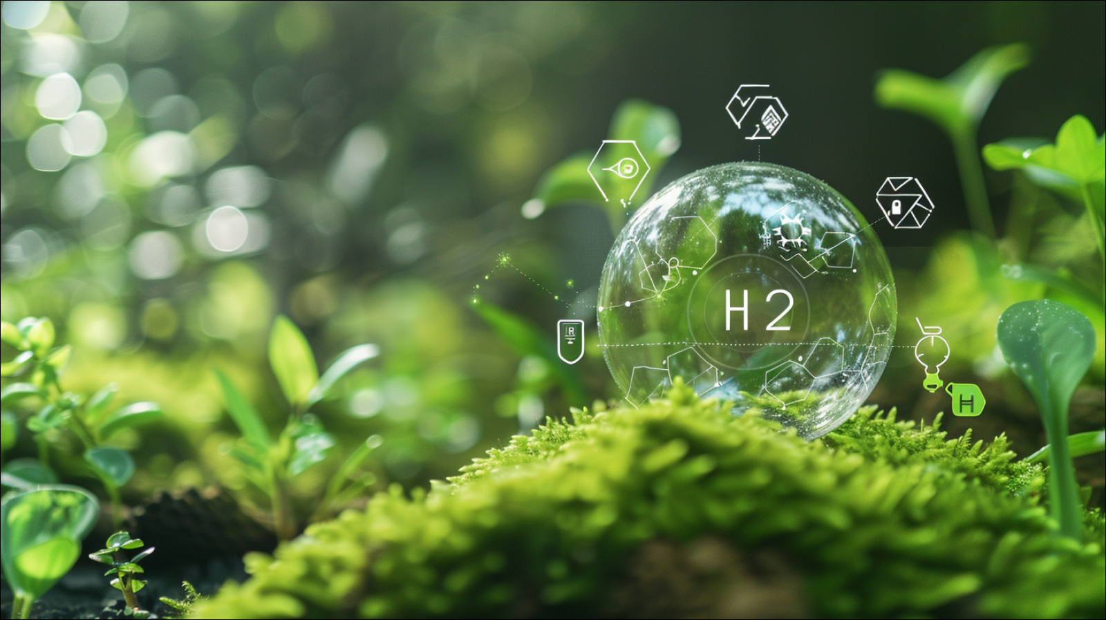 Wasserstoffenergie, mit einer transparenten Blase mit der Aufschrift H2 über einer moosigen Oberfläche, umgeben von Symbolen, in einer grünen Umgebung
