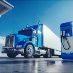 Ein Wasserstoff-Brennstoffzellen-LKW ist an einer Tankstelle unter strahlend blauem Himmel