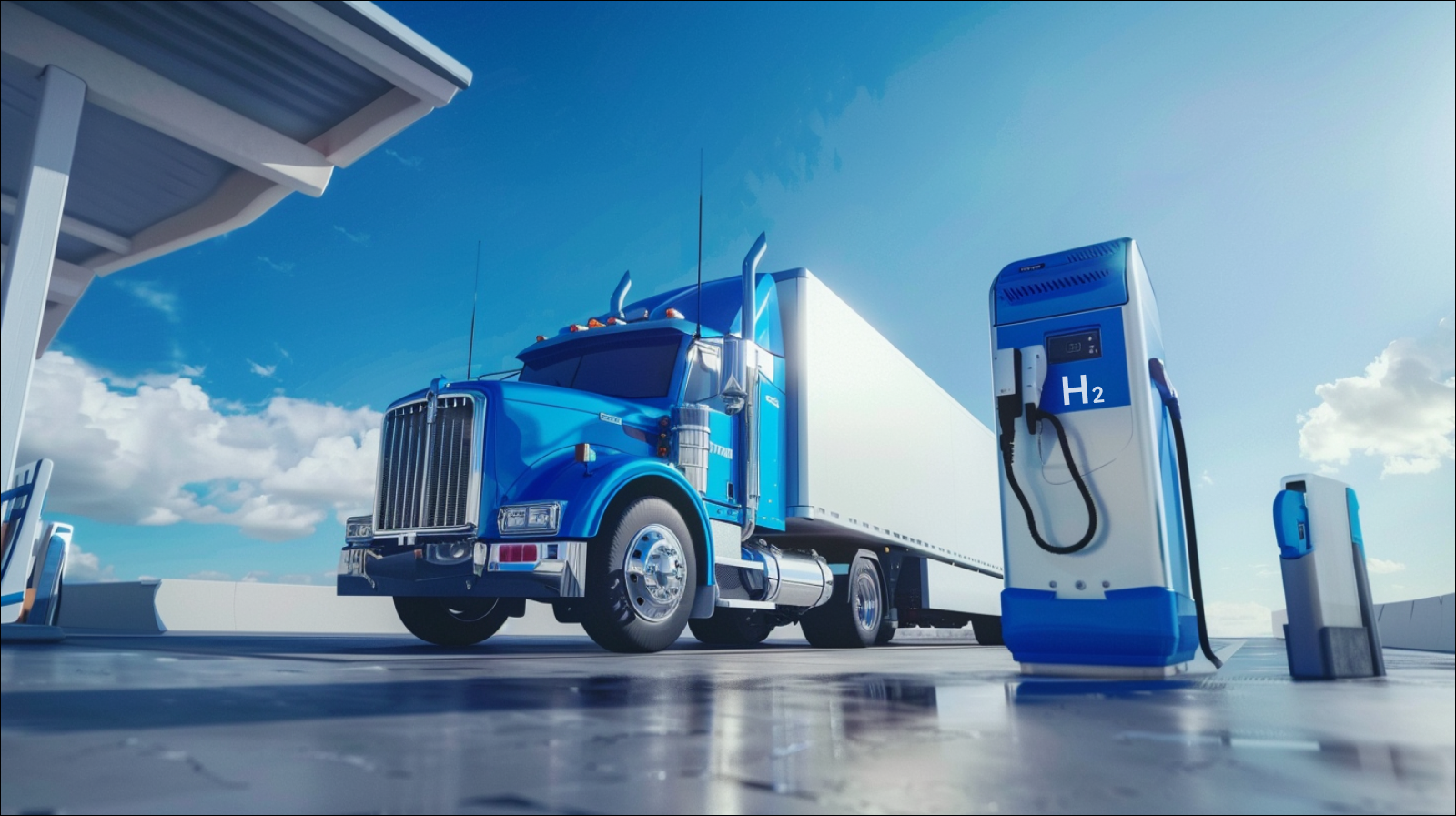 Ein Wasserstoff-Brennstoffzellen-LKW ist an einer Tankstelle unter strahlend blauem Himmel