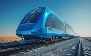 Ein blauer wasserstoffbetriebener Zug, der auf Bahngleisen unter einem klaren blauen Himmel fährt