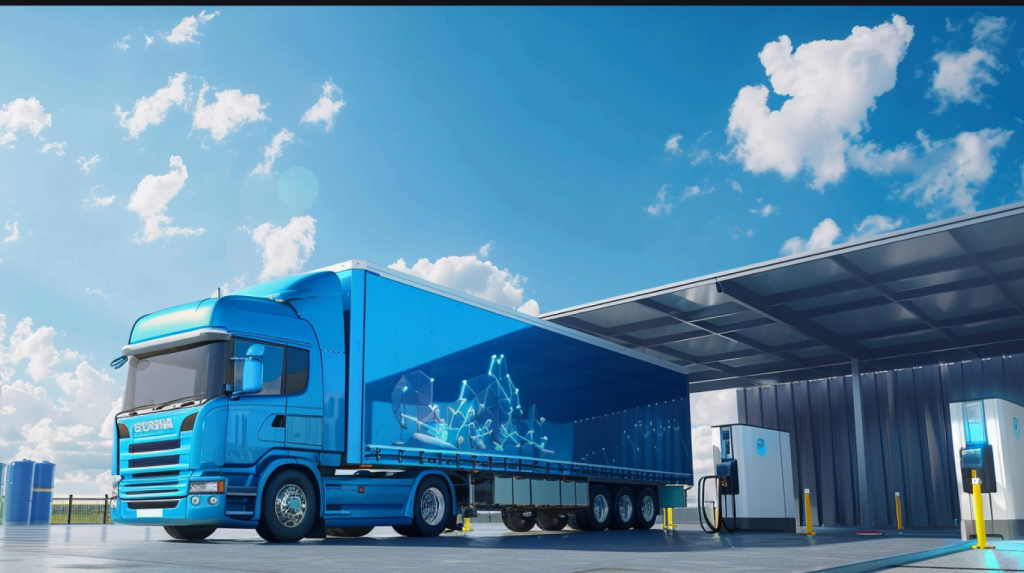 Nel Asa-Aktie: Der 500%-Hammer! ein blauer wasserstoffbetriebener LKW, der bei klarem Himmel an einer Wasserstofftankstelle tankt