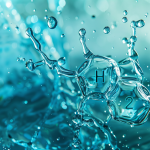 ein dynamischer Wasserspritzer mit der chemischen Formel H2 in der Mitte