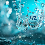 ein dynamischer Wasserspritzer mit der chemischen Formel H2 in der Mitte