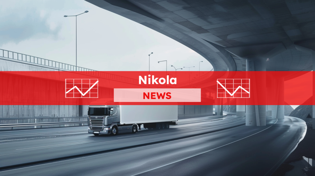 Nikola-Aktie: Die kleine Rettung! ein silberner Sattelschlepper mit einem weißen Anhänger unter einem Netz von Autobahnüberführungen aus Beton , mit einem roten Nikola NEWS Banner