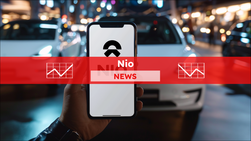 BYD- und NIO-Aktie: Eine Kampfansage! Smartphone mit weißem Bildschirm in der Hand, Elektroauto im Hintergrund, mit einem roten NIO NEWS Banner