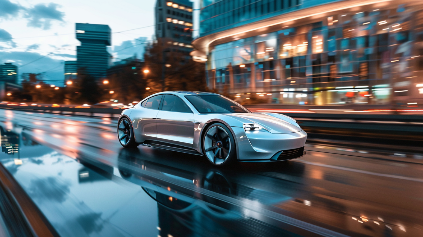 Ein silbernes Elektroauto fährt auf einer Stadtstraße und spiegelt in seinem glänzenden Äußeren die moderne Umgebung wider