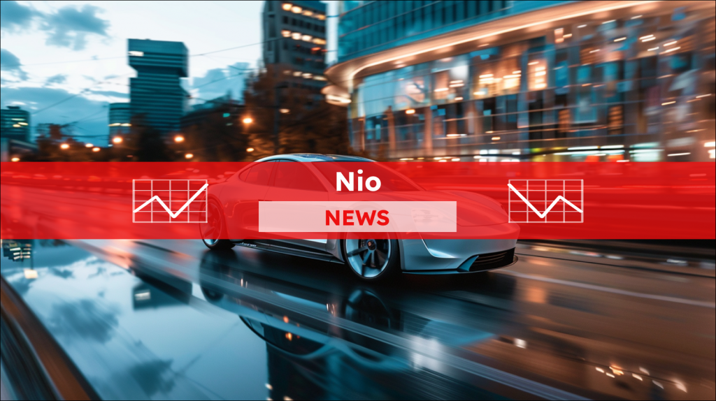 Ein silbernes Elektroauto fährt auf einer Stadtstraße und spiegelt in seinem glänzenden Äußeren die moderne Umgebung wider, mit einem roten NIO NEWS Banner