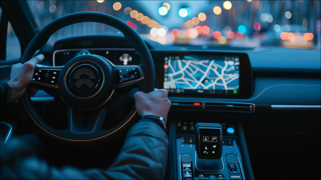 NIO-Aktie: Eine Ansage! Eine Person in einem Auto interagiert mit dem Touchscreen des Navigationssystems