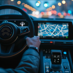 Eine Person in einem Auto interagiert mit dem Touchscreen des Navigationssystems