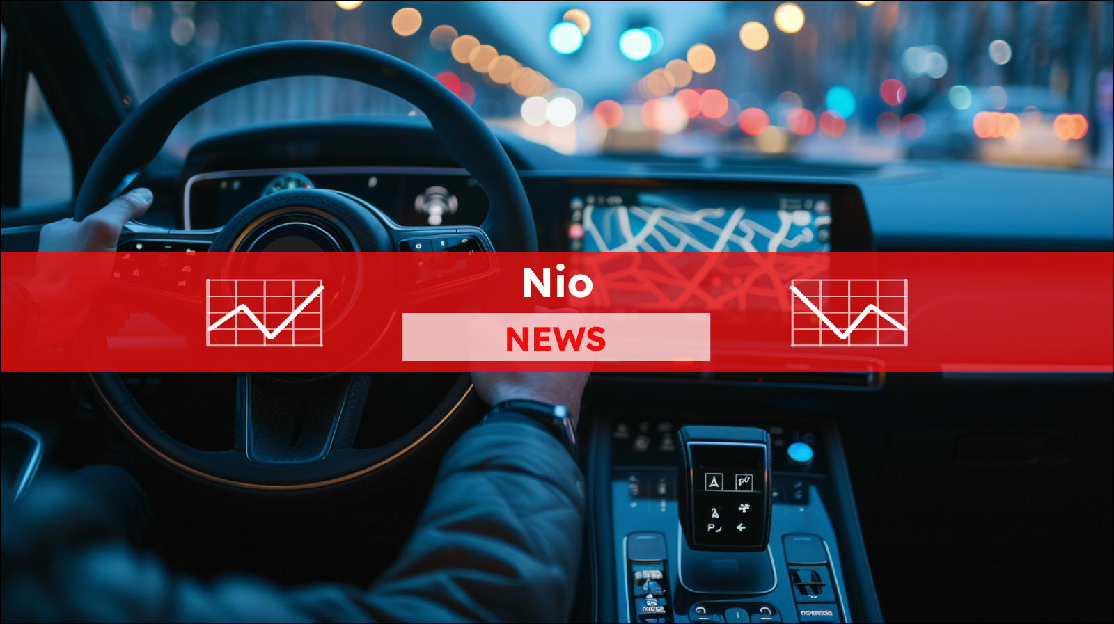 Eine Person in einem Auto interagiert mit dem Touchscreen des Navigationssystems, mit einem roten NIO NEWS Banner