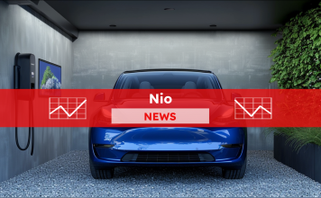 Ein blaues Elektroauto in der modernen Ladestation mit einem szenischen Display an der Wand, mit einem roten NIO NEWS Banner