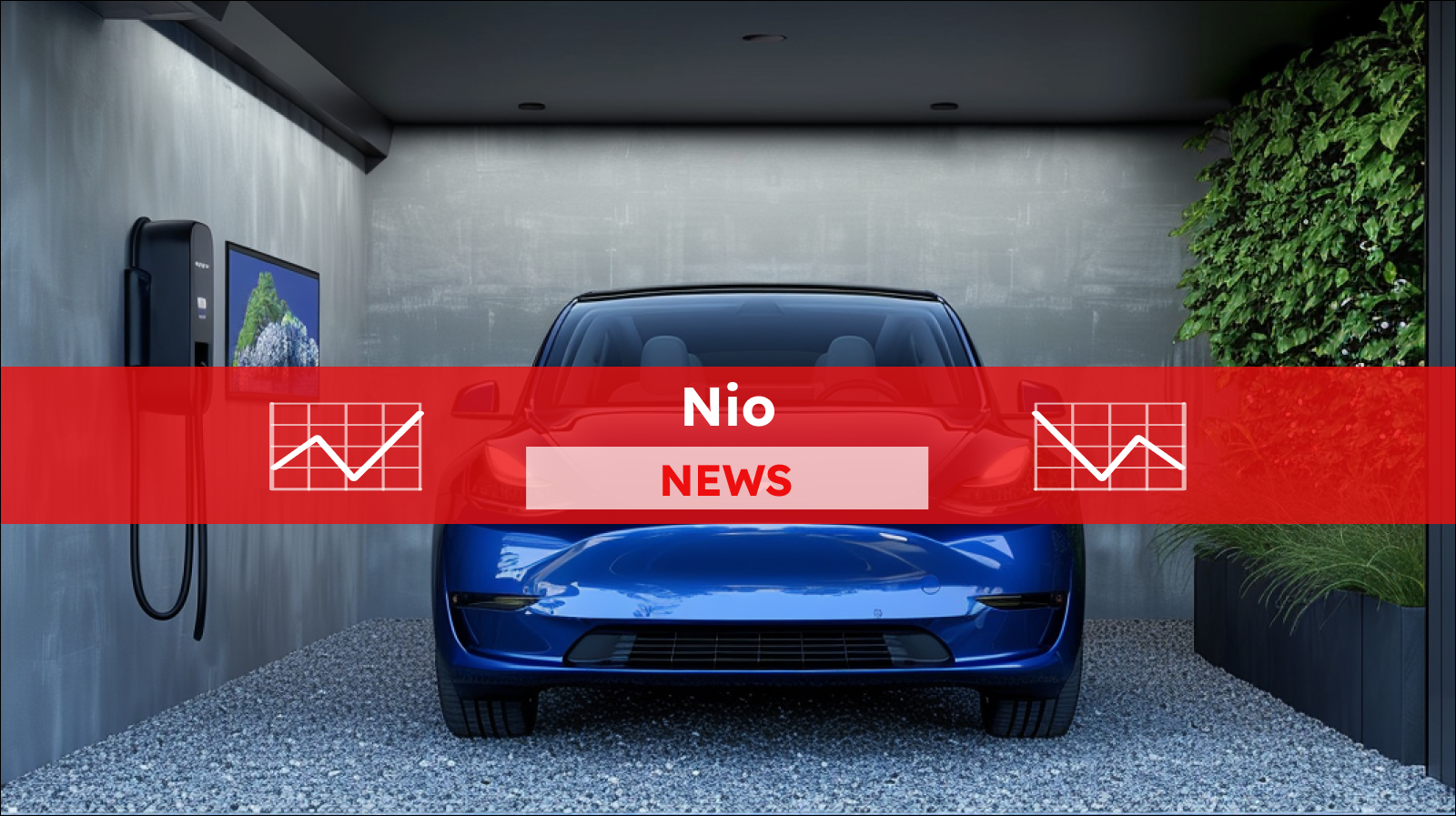 Ein blaues Elektroauto in der modernen Ladestation mit einem szenischen Display an der Wand, mit einem roten NIO NEWS Banner