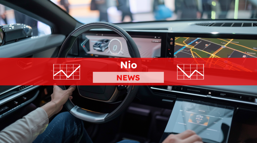 Nio-Aktie: Nächster Schlag! Der Innenraum eines modernen Autos mit einem Lenkrad mit Emblem, einem großen Touchscreen-Armaturenbrett und einer Hand, die mit einem Touchscreen interagiert, mit einem roten NEWS-Banner