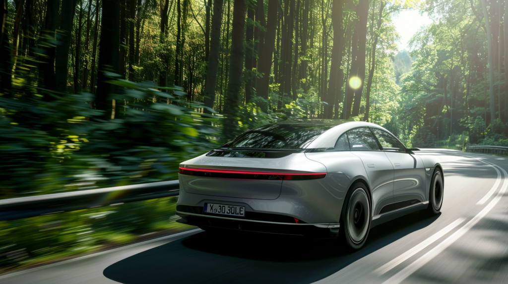 ein silbernes Elektroauto, die auf einer von Grün umgebenen Straße fährt