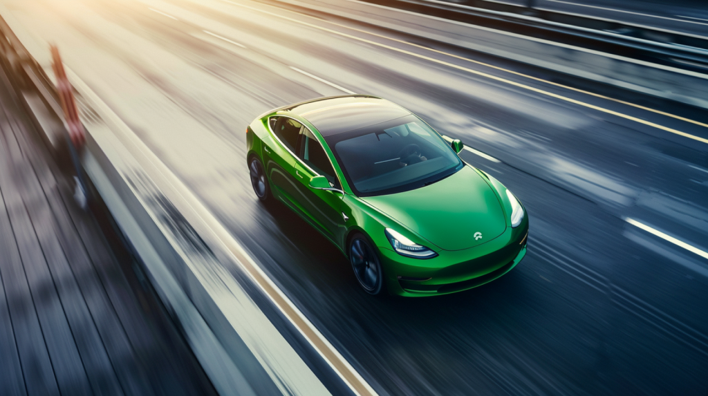 Ein grünes Elektroauto, das auf einer Autobahn fährt