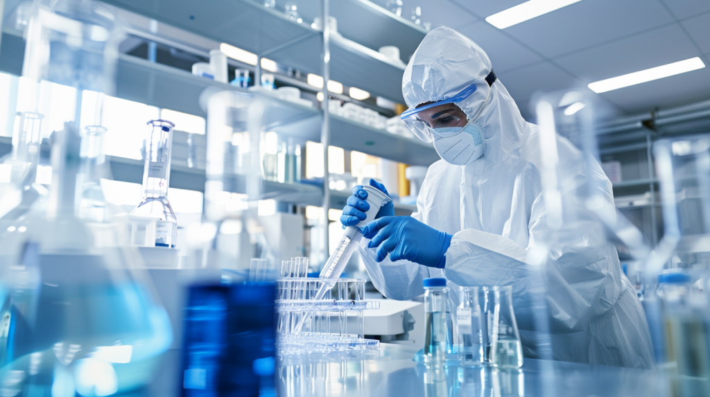 ein Wissenschaftler in Schutzausrüstung, der Laborgeräte und Proben in einer Reinraumumgebung handhabt