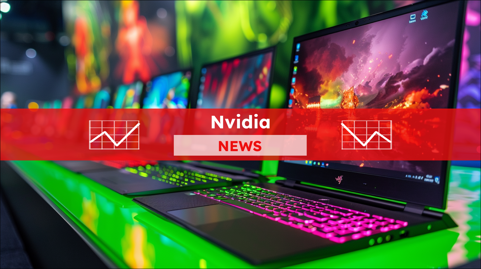 Auf einer hellgrünen Oberfläche sind eine Reihe von Gaming-Laptops, mit einer lebendigen animierten Szene auf dem Bildschirm, mit einem Nvidia NEWS-Banner