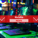 Auf einer hellgrünen Oberfläche sind eine Reihe von Gaming-Computer, mit einer lebendigen animierten Szene auf dem Bildschirm,  mit einem Nvidia NEWS-Banner