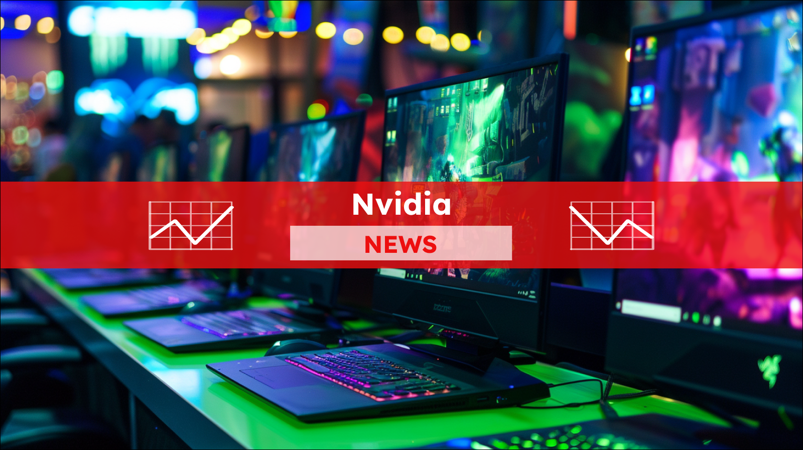 Auf einer hellgrünen Oberfläche sind eine Reihe von Gaming-Computer, mit einer lebendigen animierten Szene auf dem Bildschirm,  mit einem Nvidia NEWS-Banner