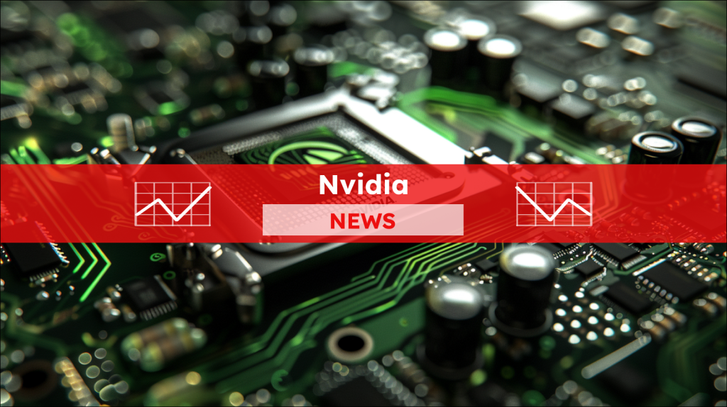 Eine Nahaufnahme eines NVIDIA-Chips auf einer Platine, mit einem Nvidia NEWS-Banner