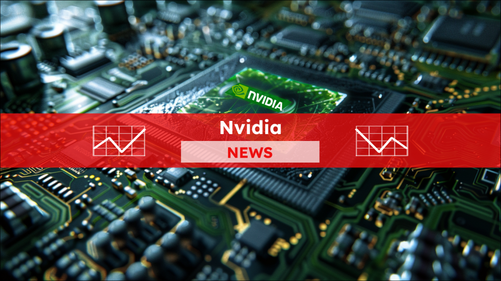 Eine Nahaufnahme eines NVIDIA-Chips auf einer Platine, mit einem Nvidia NEWS-Banner