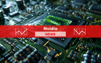 Eine Nahaufnahme eines NVIDIA-Chips auf einer Platine, mit einem Nvidia NEWS-Banner
