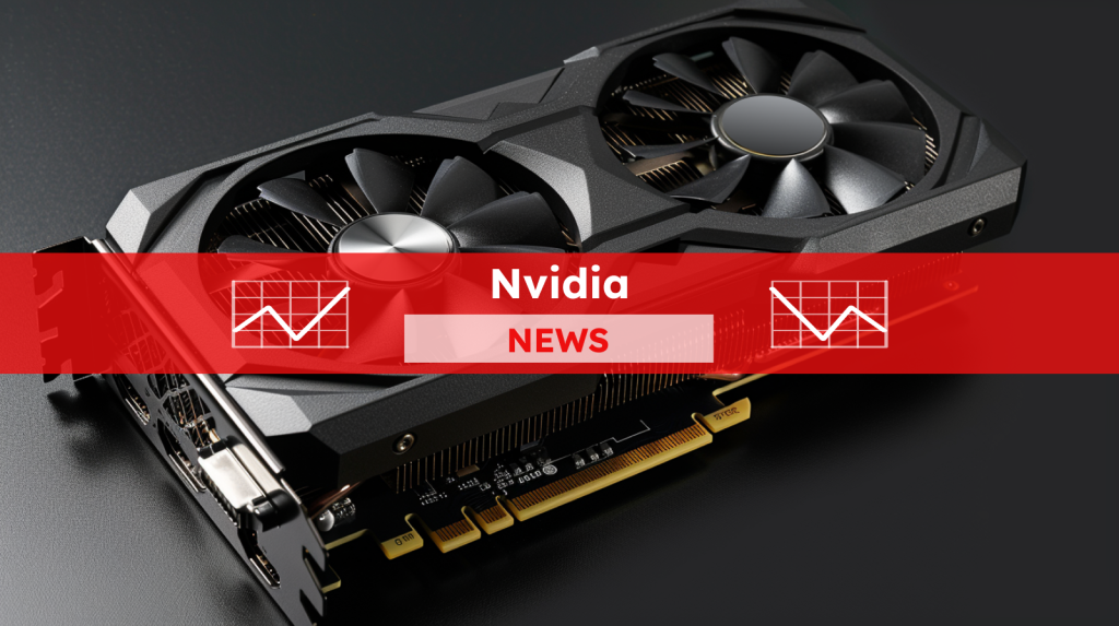 eine Grafikkarte mit zwei Lüftern auf dunklem Hintergrund, mit einem Nvidia NEWS-Banner