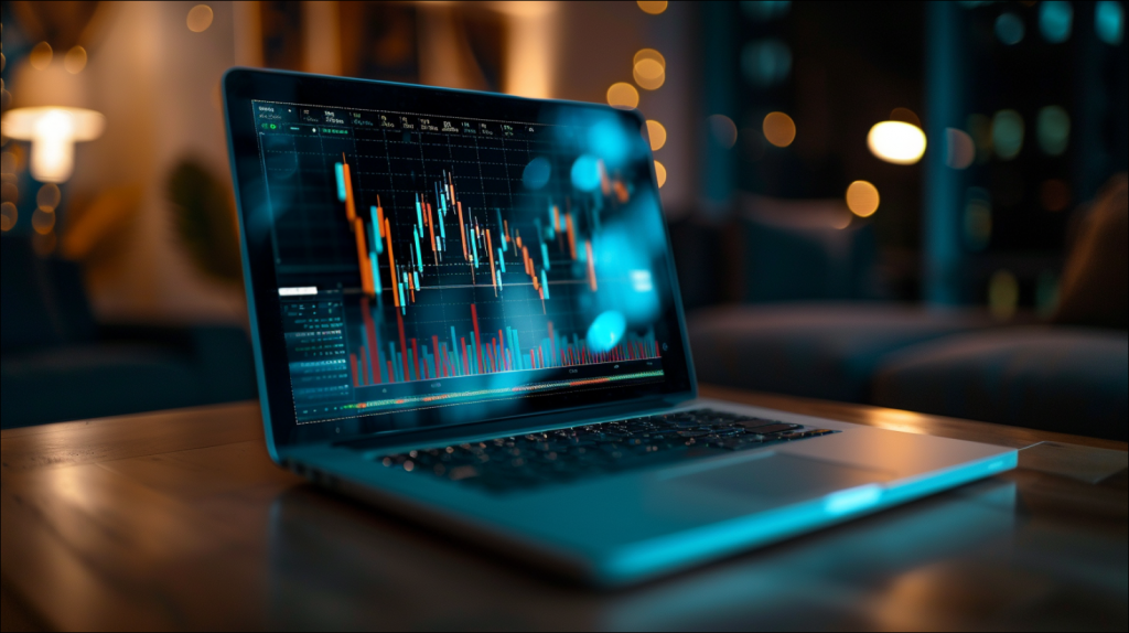 ein Laptop mit überlagerten Börsendiagrammen und Daten auf dem Bildschirm