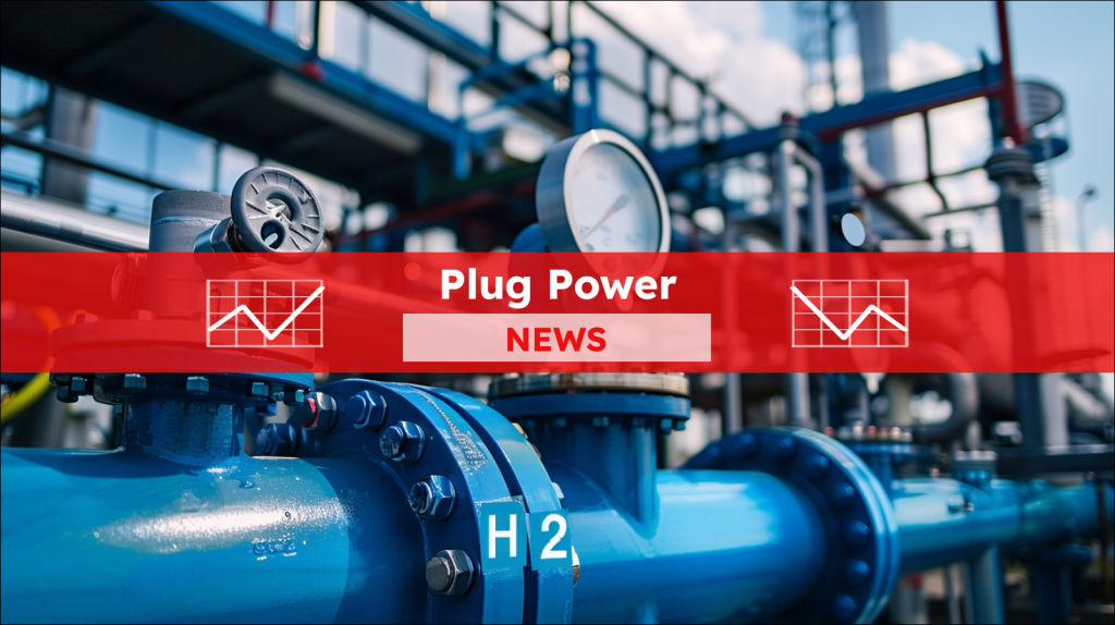 Plug Power-Aktie: Hauptsache Nachhaltig! Industrielle Wasserstoffleitungen und Ventile mit klaren H2-Kennzeichnungen vor dem Hintergrund einer großen Energieanlage, mit einem Plug Power News-Banner drüber