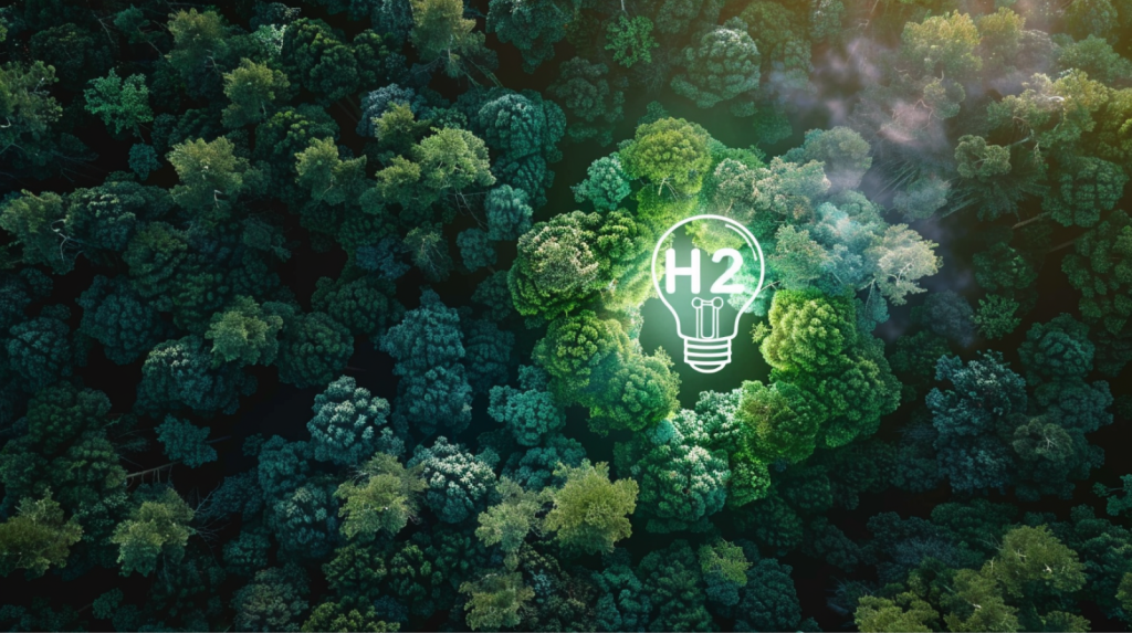 Plug Power-Aktie: Wahnsinn! eine Luftaufnahme eines Waldes mit einer glühbirnenförmigen Lichtung, markiert mit H2