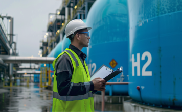 Ein Arbeiter mit Schutzhelm und Warnweste steht vor großen industriellen Wasserstoffspeichertanks 