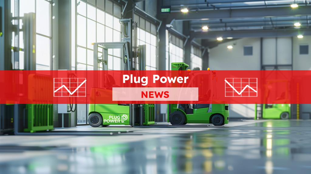 Plug Power-Aktie: Keine 24 Stunden! ein Lagerhaus mit mehreren Gabelstaplern, mit einem NEWS-Banner drüber