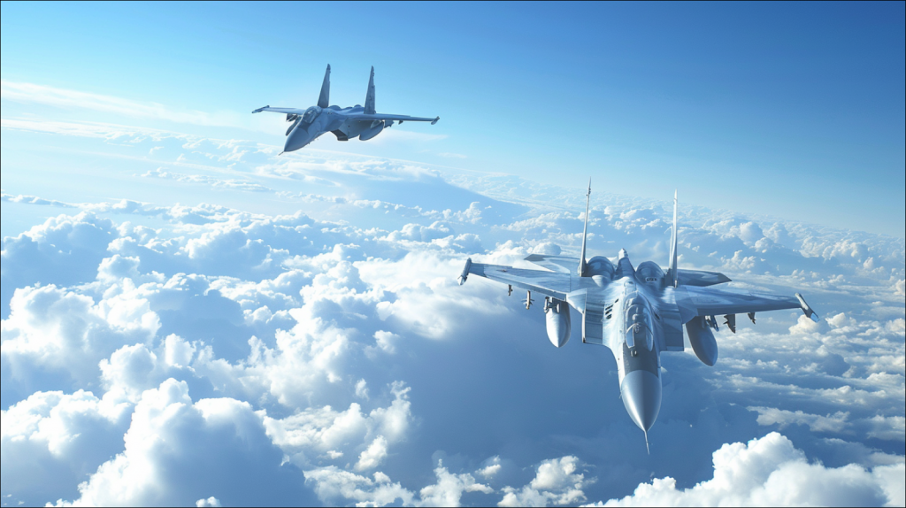 zwei Kampfflugzeuge, die in Formation hoch über den Wolken fliegen, mit einem klaren blauen Himmel im Hintergrund