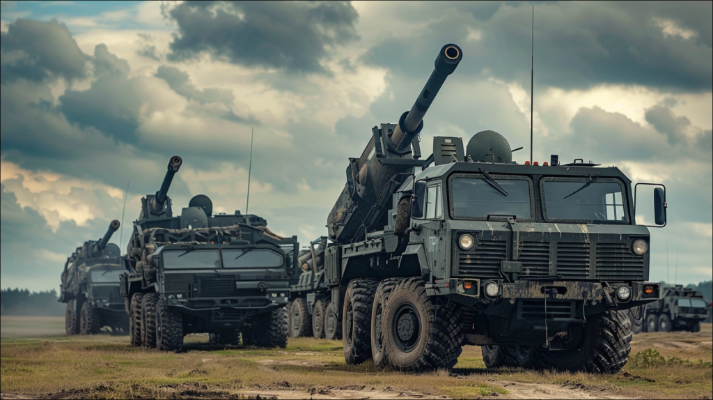 ein militärisches Artilleriefahrzeug, ausgerüstet mit einer großen Kanone, das auf einem offenen Feld neben ähnlichen Fahrzeugen geparkt war