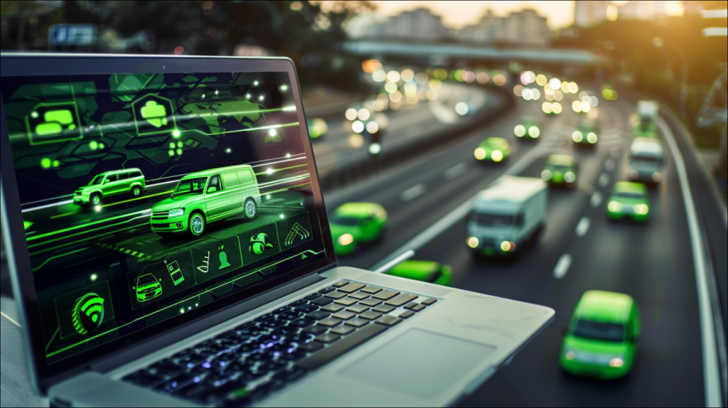 Ein Laptop, auf dessen Bildschirm eine Website mit verschiedenen grünen Fahrzeugen, vor einem Hintergrund mit verschiedenen Fahrzeugen auf einer Straße