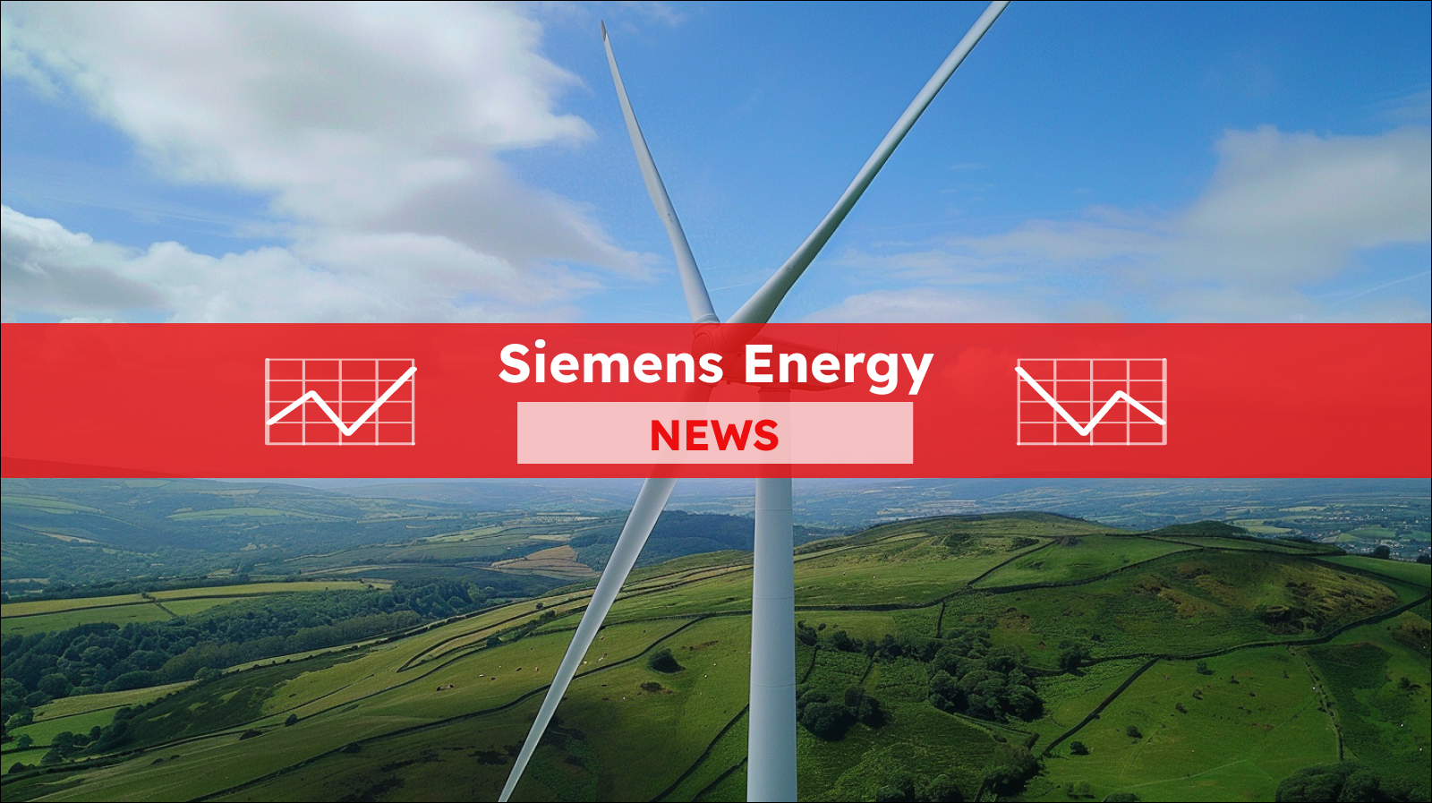 Eine große Windkraftanlage, die vor einem blauen Himmel über einer grünen Landschaft steht, Nahaufnahme, mit einem roten Banner Siemens Energy NEWS