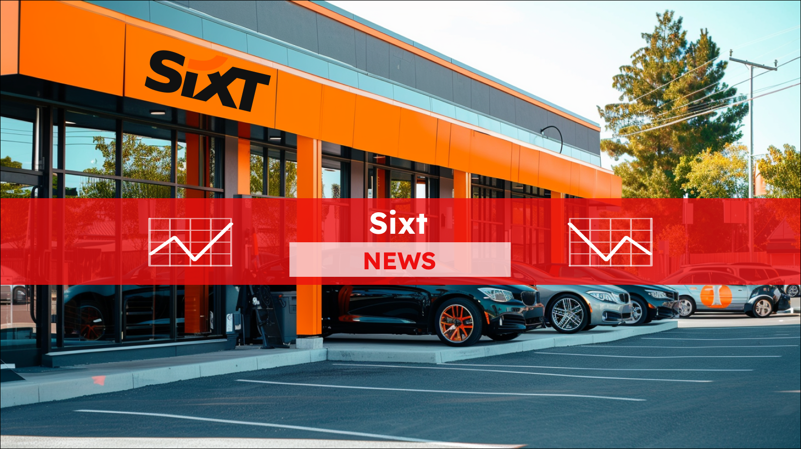 Autovermietungsbüro mit leuchtend orangefarbenen Akzenten und einer Reihe von Autos davor, darüber ein Sixt NEWS Banner
