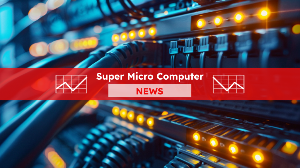 Super Micro Computer-Aktie: Risiko! Nahaufnahmen von Netzwerkkabeln und leuchtenden Status-LEDs in einem Rechenzentrum, mit einem Super Micro Computer NEWS- Banner darüber