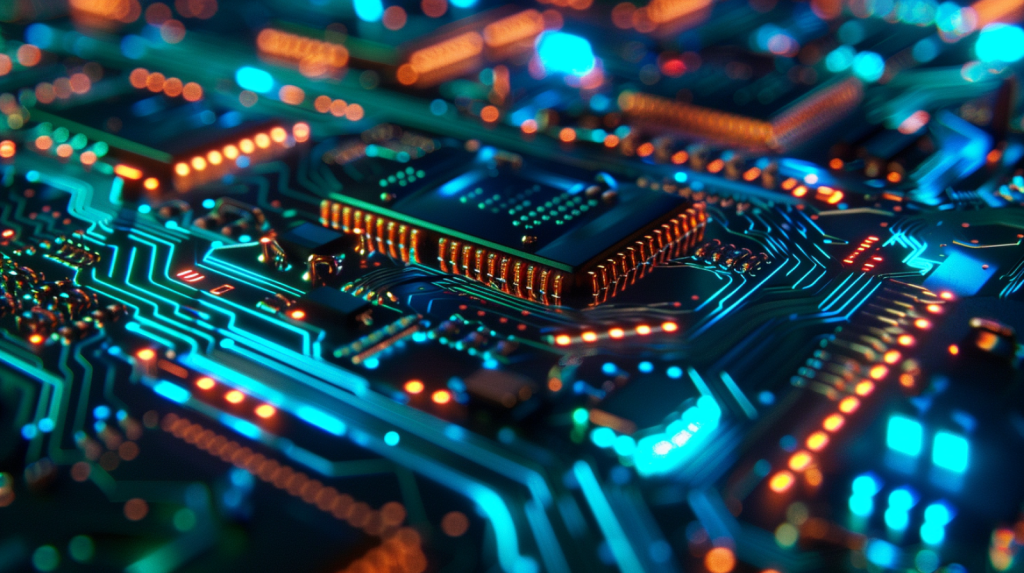 Super Micro Computer-Aktie: Es sind nur noch 34! eine Nahaufnahme einer elektronischen Leiterplatte mit leuchtenden blauen und grünen Lichtern