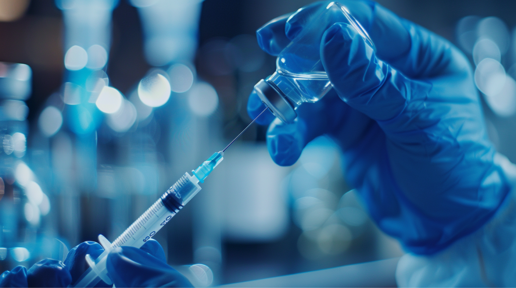 Valneva-Aktie: Was für ein Gewinn! Eine Nahaufnahme der Hände eines medizinischen Mitarbeiters mit blauen Handschuhen, der Medikamente aus einem Fläschchen in eine Spritze zieht