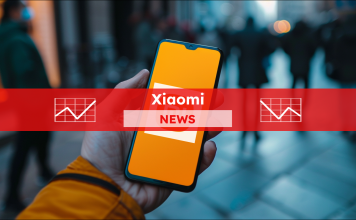 Smartphone mit orangefarbenem Bildschirm in der Hand, Menschen im Hintergrund,  mit einem roten Xiaomi NEWS-Banner