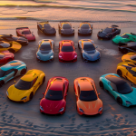 Eine Sammlung farbenfroher Elektrosportwagen, die in der Abenddämmerung kreisförmig an einem Strand angeordnet