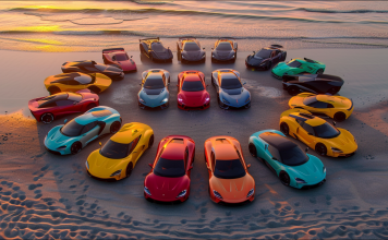 Eine Sammlung farbenfroher Elektrosportwagen, die in der Abenddämmerung kreisförmig an einem Strand angeordnet