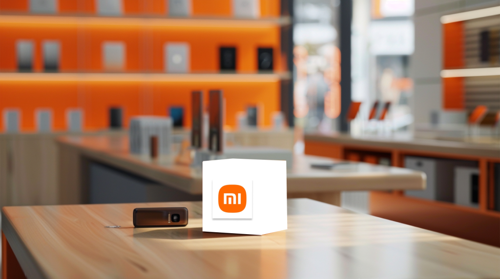 Xiaomi-Aktie: Erholung auf wackligen Beinen! ein Werbedisplay mit einem Würfel mit dem Xiaomi-Logo in einem Ladenumfeld, mit elektronischen Geräten im Hintergrund