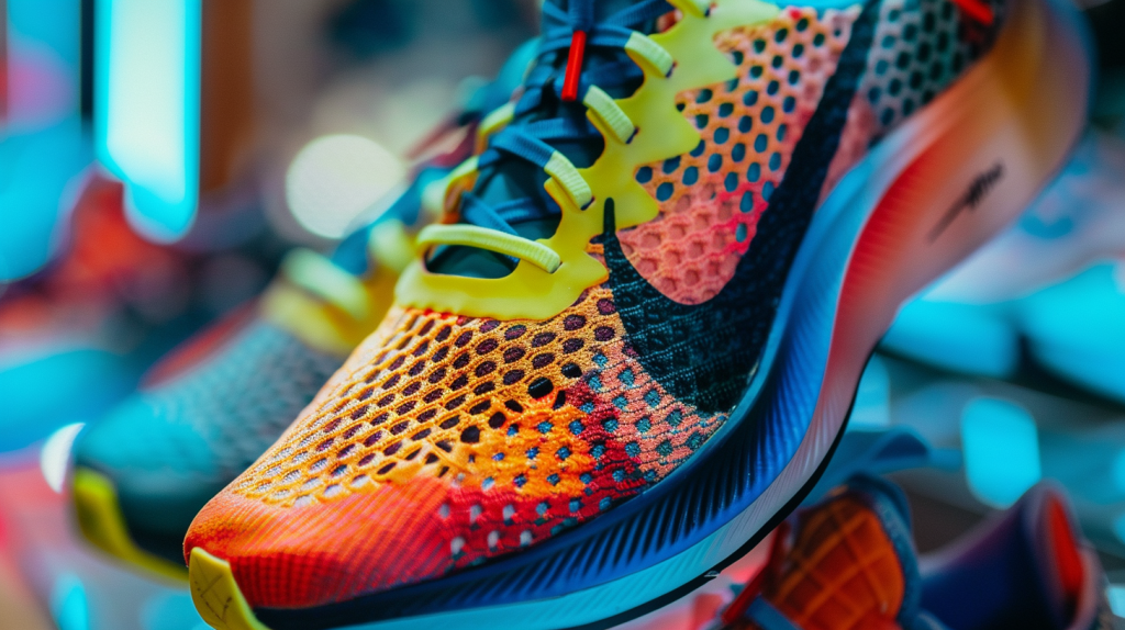Nike: Das sind Bad News! Nahaufnahme von Nike-Laufschuhen in leuchtenden Farben, die innovative Designmerkmale hervorgehoben