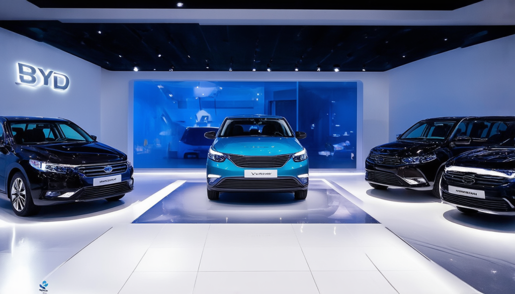 BYD-Aktie: Katzensprung zum Allzeithoch! Eine futuristische BYD-Autohalle mit modernen Elektrofahrzeugen unter heller Beleuchtung