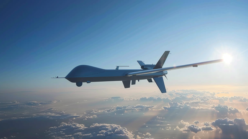 Rheinmetall-Aktie: Einfach unglaublich! Eine Rheinmetall-Drohne am Himmel, ihr elegantes Design vor einem klaren blauen Horizont