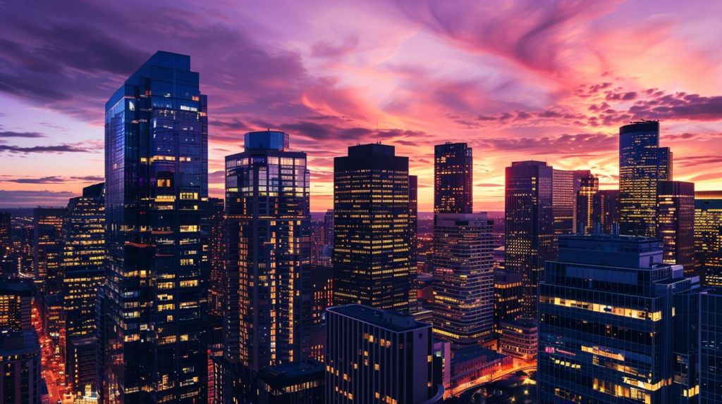 BioNTech-Aktie: Volltreffer Bärenfalle! Stadtbild bei Dämmerung mit Bürogebäuden